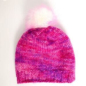 Hand Knit Beanie Style Hat, Pink, White Pom with Pink tips, Artisan Yarn